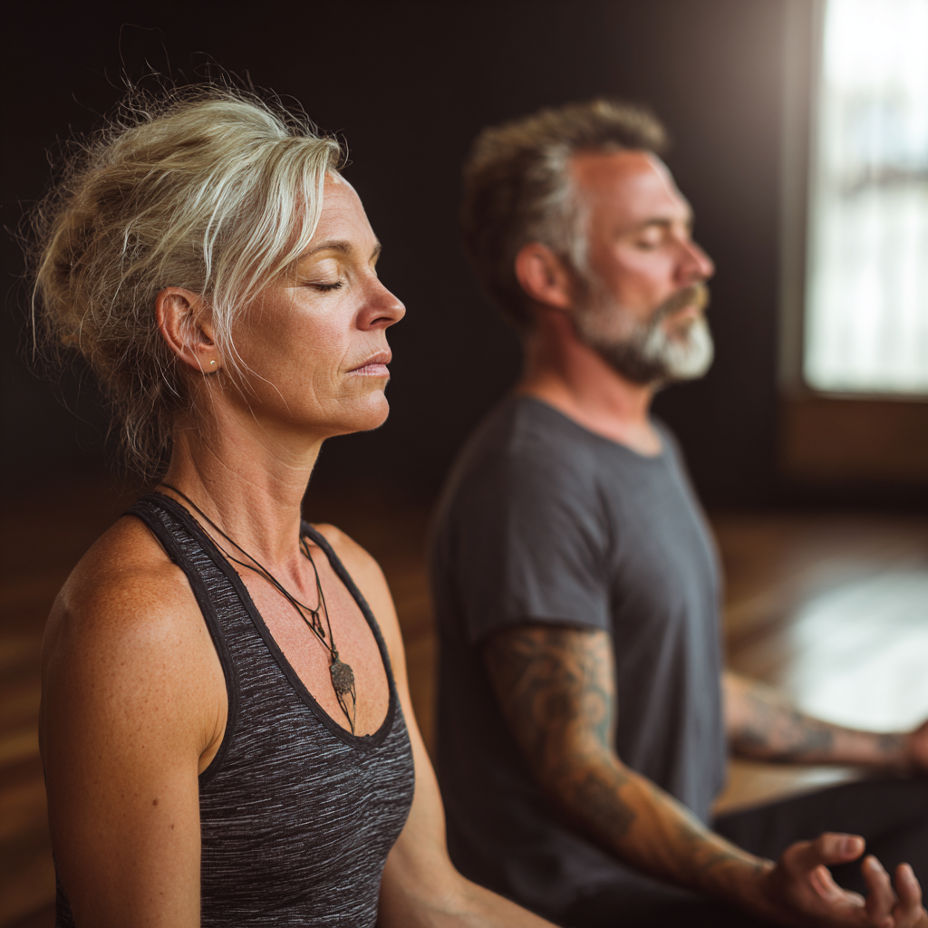 Mature woman and man aged 45-50 practicing yoga meditation in peaceful studio setting with natural light