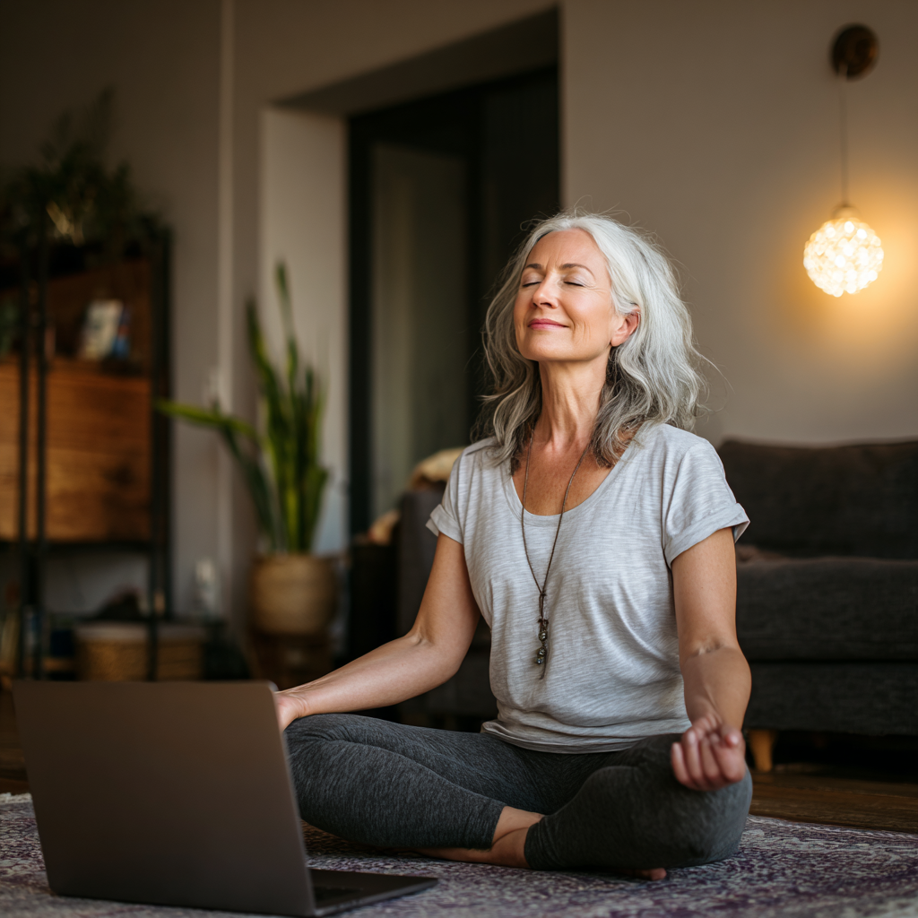 Mature woman around 50 years old practicing yoga at home following online class on laptop screen in comfortable living room